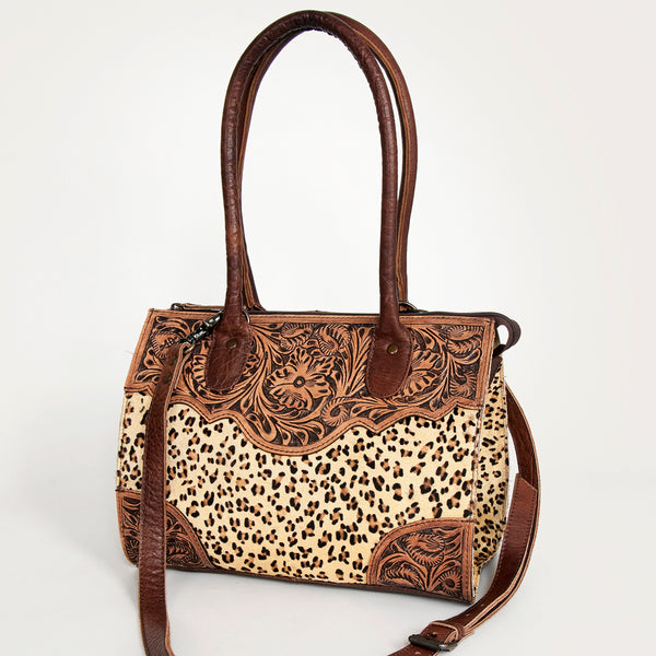Brown leather tote bag with tooled floral design and studded suede panel - Uhorse