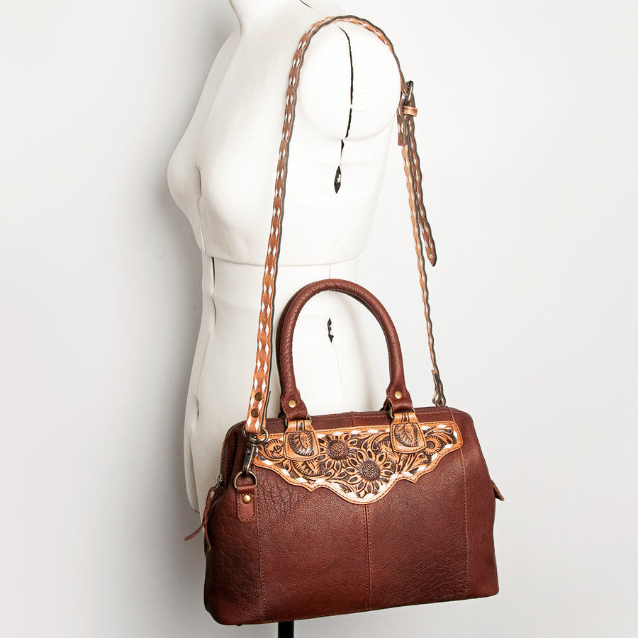 American Darling Tote Bag Western Hand Tooled Floral Genuine Leather Purse with Buck Stitched Detail and YKK Zipper