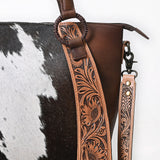 American Darling Hair-On Cowhide Tote Bag, Hand-Tooled Floral Western Leather Purse, Buck Stitched, 10in (H) X 13.5in (W) X 4in (D)