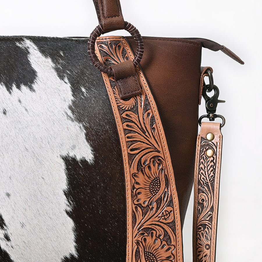American Darling Hair-On Cowhide Tote Bag, Hand-Tooled Floral Western Leather Purse, Buck Stitched, 10in (H) X 13.5in (W) X 4in (D)