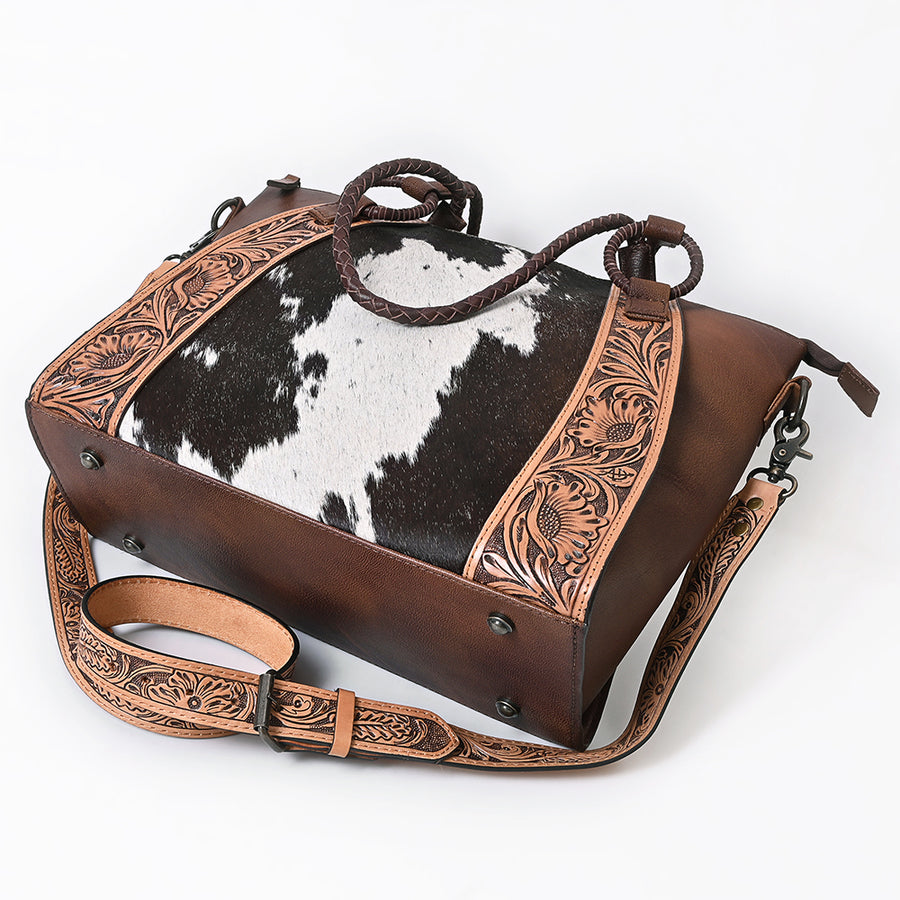 American Darling Hair-On Cowhide Tote Bag, Hand-Tooled Floral Western Leather Purse, Buck Stitched, 10in (H) X 13.5in (W) X 4in (D)