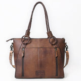 American Darling Hair-On Cowhide Tote Bag, Hand-Tooled Floral Western Leather Purse, Buck Stitched, 10in (H) X 13.5in (W) X 4in (D)