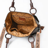 American Darling Hair-On Cowhide Tote Bag, Hand-Tooled Floral Western Leather Purse, Buck Stitched, 10in (H) X 13.5in (W) X 4in (D)