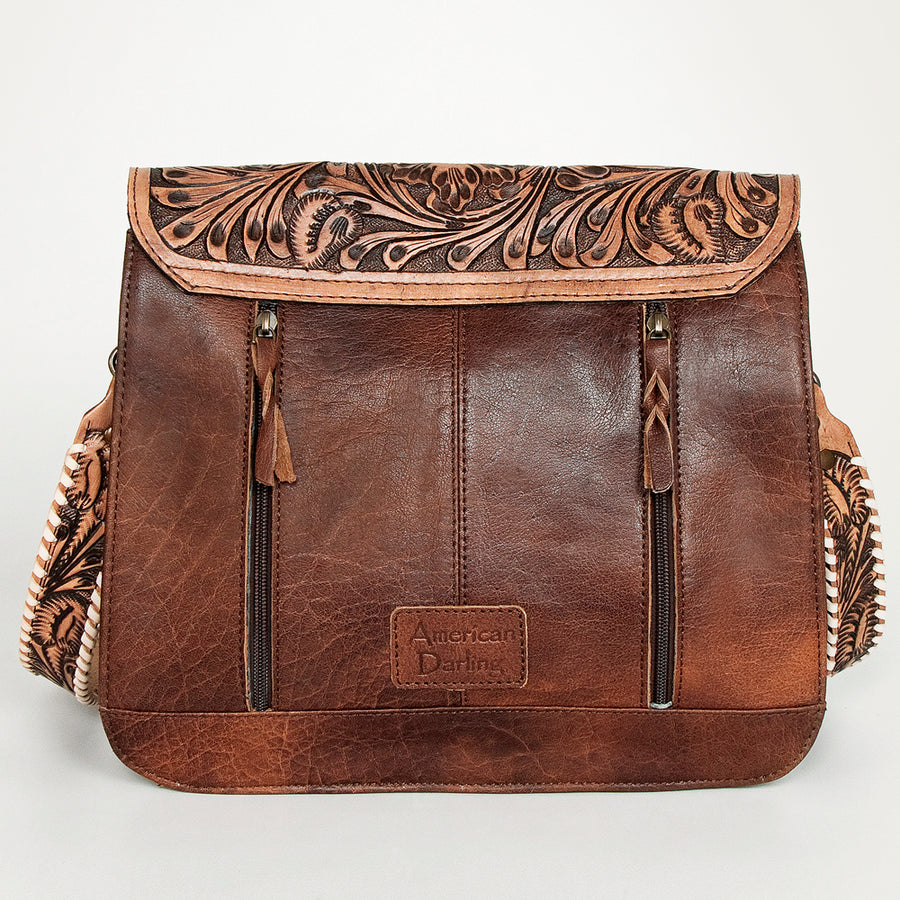 American Darling Messenger Bag Western Hand Tooled Floral Genuine Leather with Hair-On Cowhide Fringes & YKK Zipper for Women