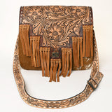 American Darling Messenger Bag Western Hand Tooled Floral Genuine Leather with Hair-On Cowhide Fringes & YKK Zipper for Women
