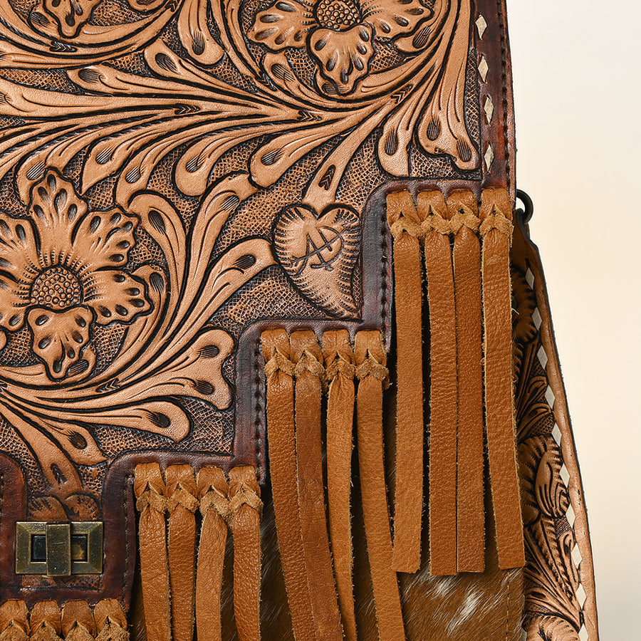 American Darling Messenger Bag Western Hand Tooled Floral Genuine Leather with Hair-On Cowhide Fringes & YKK Zipper for Women