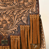 American Darling Messenger Bag Western Hand Tooled Floral Genuine Leather with Hair-On Cowhide Fringes & YKK Zipper for Women