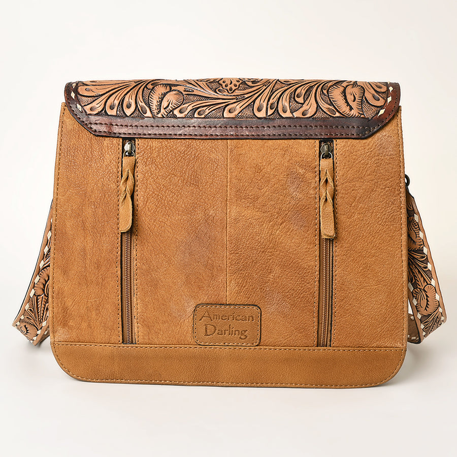 American Darling Messenger Bag Western Hand Tooled Floral Genuine Leather with Hair-On Cowhide Fringes & YKK Zipper for Women