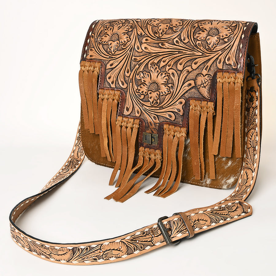 American Darling Handcrafted Hand Tooled Leather and Cowhide Messenger Bag with Fringes - Uhorse