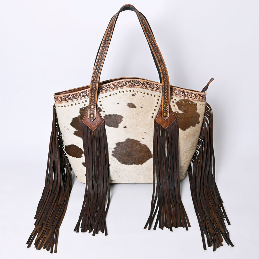 American Darling Western Leather Tote Bag, Hair-On Cowhide & Floral Tooled Accents, Genuine Leather Fringe Shoulder Bag for Women