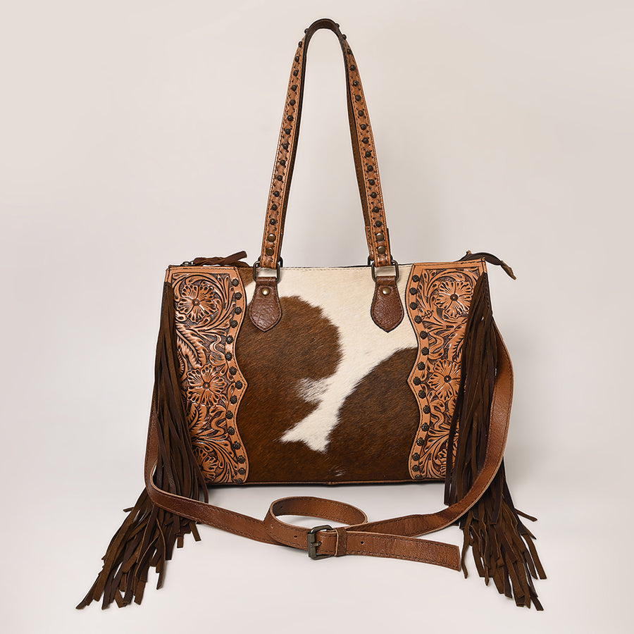 American Darling Tote Bag, Hand-Tooled Floral Western Leather Purse with Side Fringes, 11in (H) X 16in (W) X 5.5in (D)