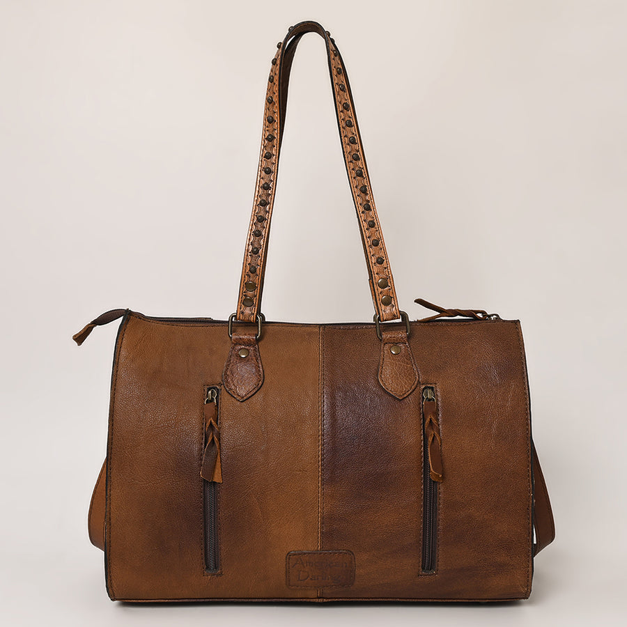 American Darling Tote Bag, Hand-Tooled Floral Western Leather Purse with Side Fringes, 11in (H) X 16in (W) X 5.5in (D)