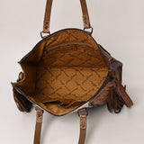 American Darling Tote Bag, Hand-Tooled Floral Western Leather Purse with Side Fringes, 11in (H) X 16in (W) X 5.5in (D)