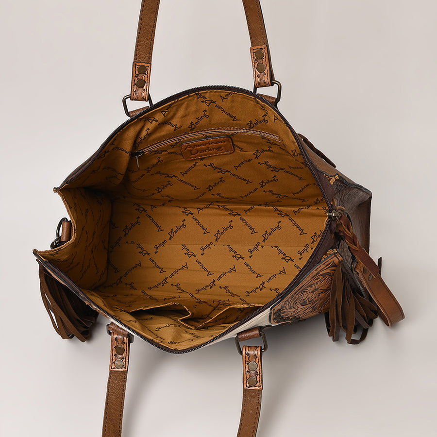 American Darling Tote Bag, Genuine Leather Western Purse with Hair-On Cowhide, Hand Tooled Floral Accents & Rivetted Detail