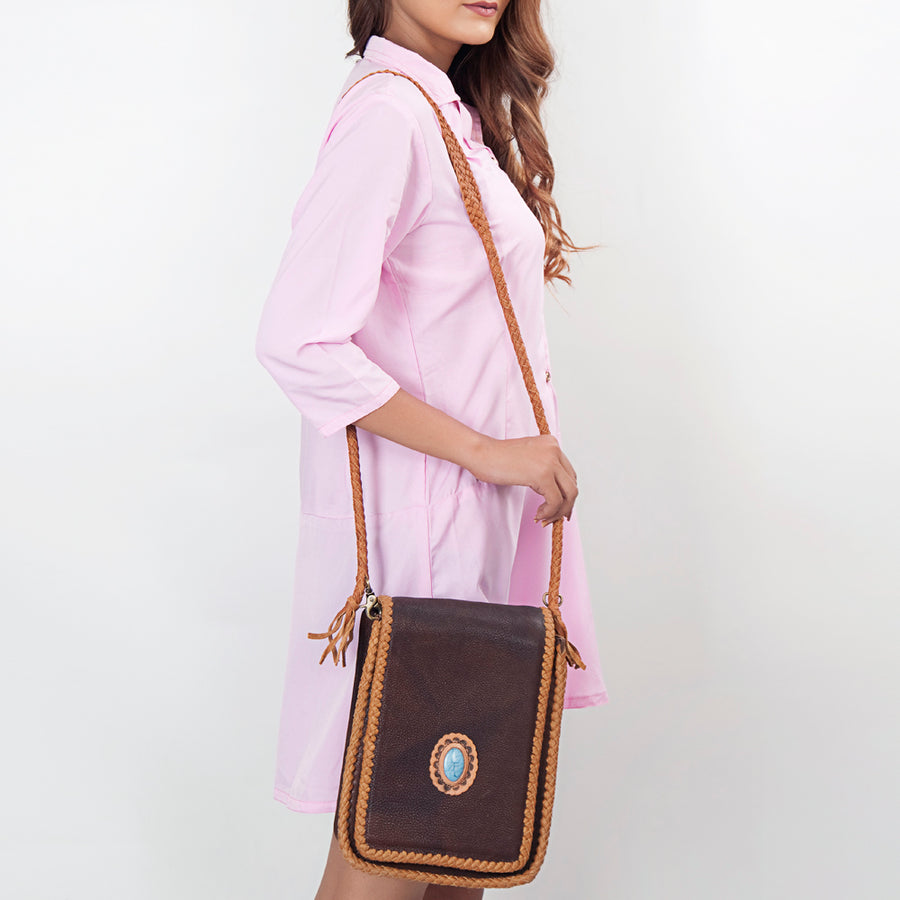 American Darling Cross body Bag, Handcrafted Genuine Vegetable-Tanned Leather Western Purse with Turquoise Stone, 8in X 10in