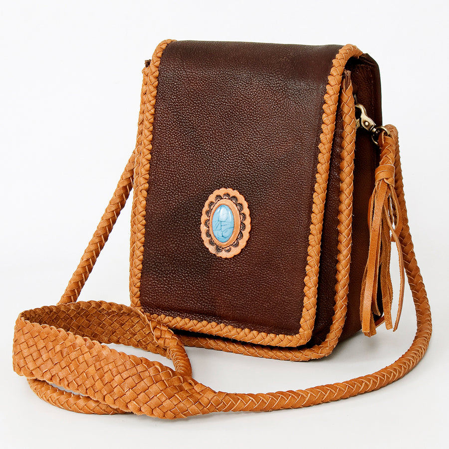 American Darling Handcrafted Leather Cross body Bag with Turquoise Stone and Braided Trim - Uhorse