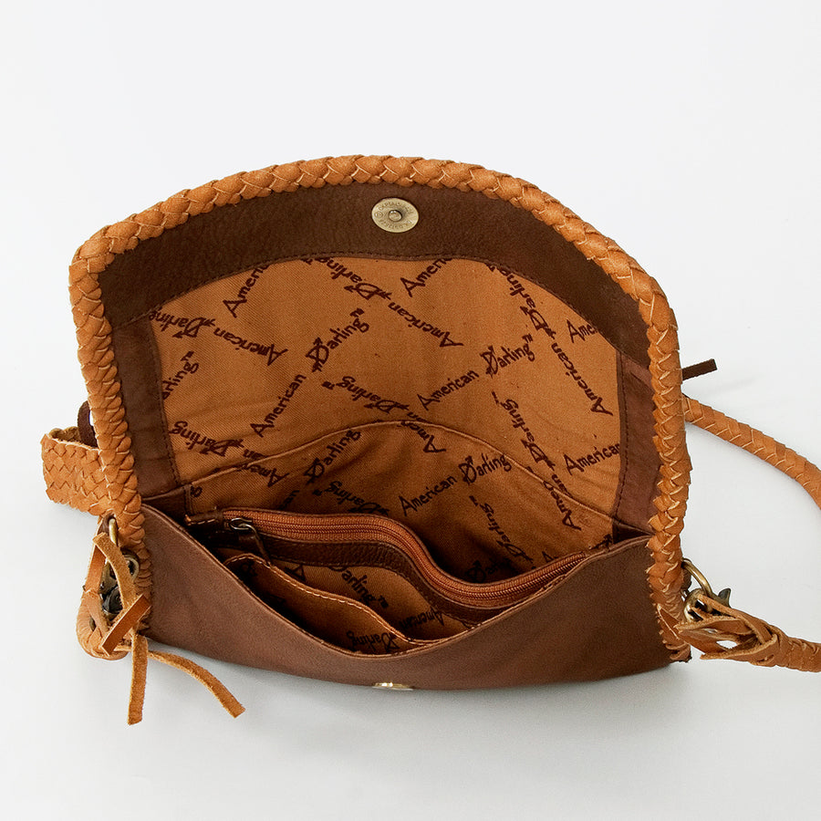 American Darling Small Cross body Bag, Genuine Vegetable-Tanned Leather Western Purse with Fringes & Braided Detail