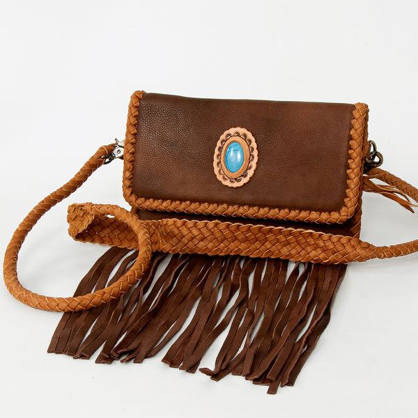 American Darling Handcrafted Leather Small Cross body Bag with Fringes and Braided Trim - Uhorse