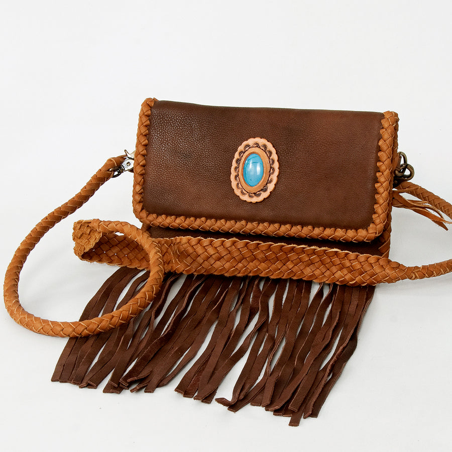 American Darling Handcrafted Leather Small Cross body Bag with Fringes and Braided Trim - Uhorse