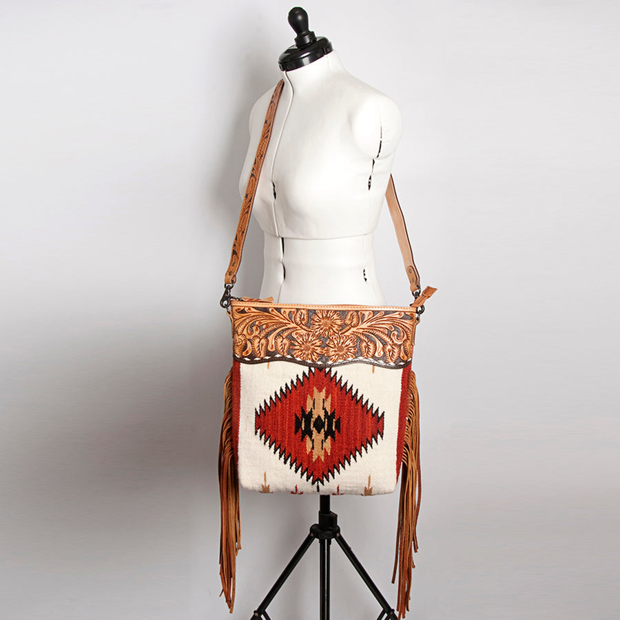American Darling Signature Cross Body Bag Hand Tooled Floral Carved Leather Woven Saddle Blanket Fringes Genuine Leather
