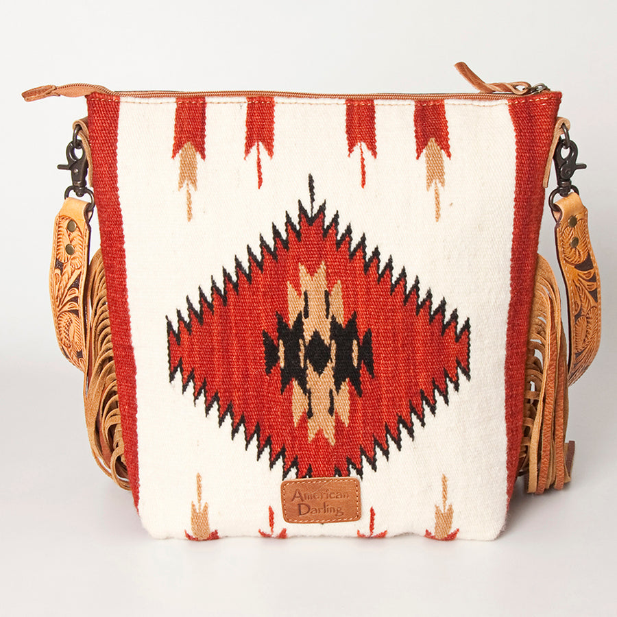 American Darling Signature Cross Body Bag Hand Tooled Floral Carved Leather Woven Saddle Blanket Fringes Genuine Leather