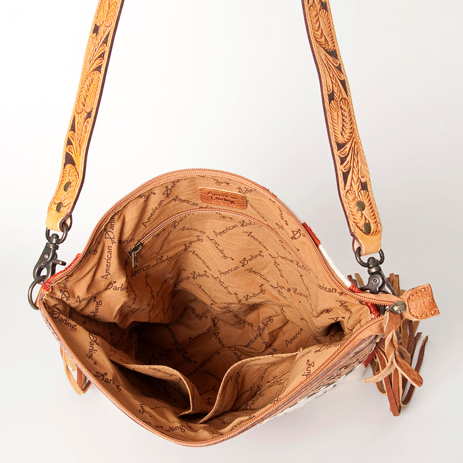 American Darling Signature Cross Body Bag Hand Tooled Floral Carved Leather Woven Saddle Blanket Fringes Genuine Leather