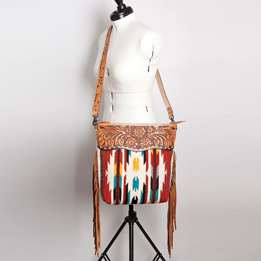 American Darling Signature Cross Body Bag Hand Tooled Floral Carved Leather Woven Saddle Blanket Fringes Genuine Leather