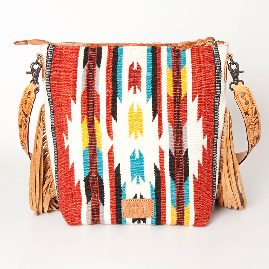 American Darling Signature Cross Body Bag Hand Tooled Floral Carved Leather Woven Saddle Blanket Fringes Genuine Leather