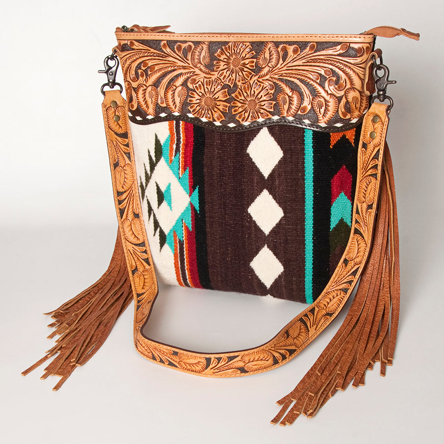 American Darling Signature Cross Body Bag - Hand Tooled Floral Leather and Woven Saddle Blanket - Uhorse