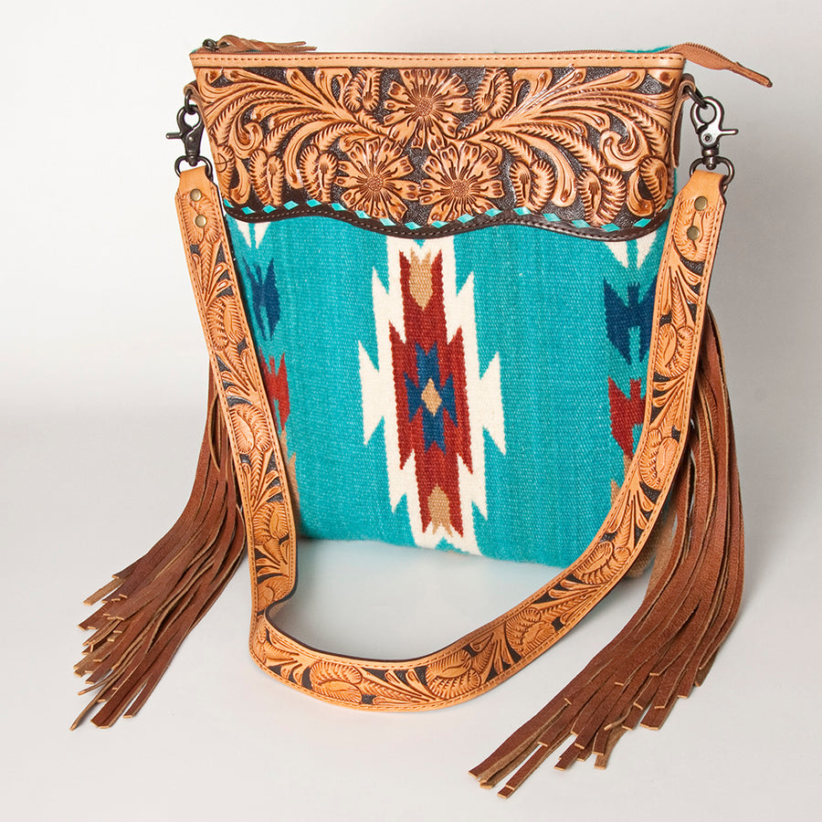 American Darling Signature Cross Body Bag - Hand Tooled Floral Leather and Woven Saddle Blanket - Uhorse