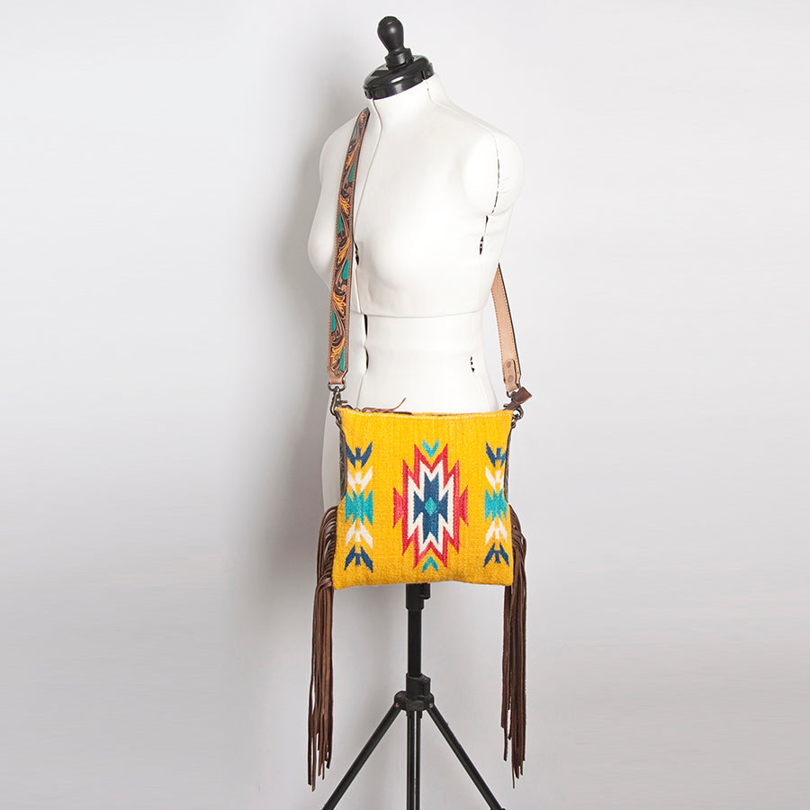 American Darling Large Cross body Bag, Hand-Woven Saddle Blanket & Hand Tooled Leather with Fringes, Western Handcrafted Purse