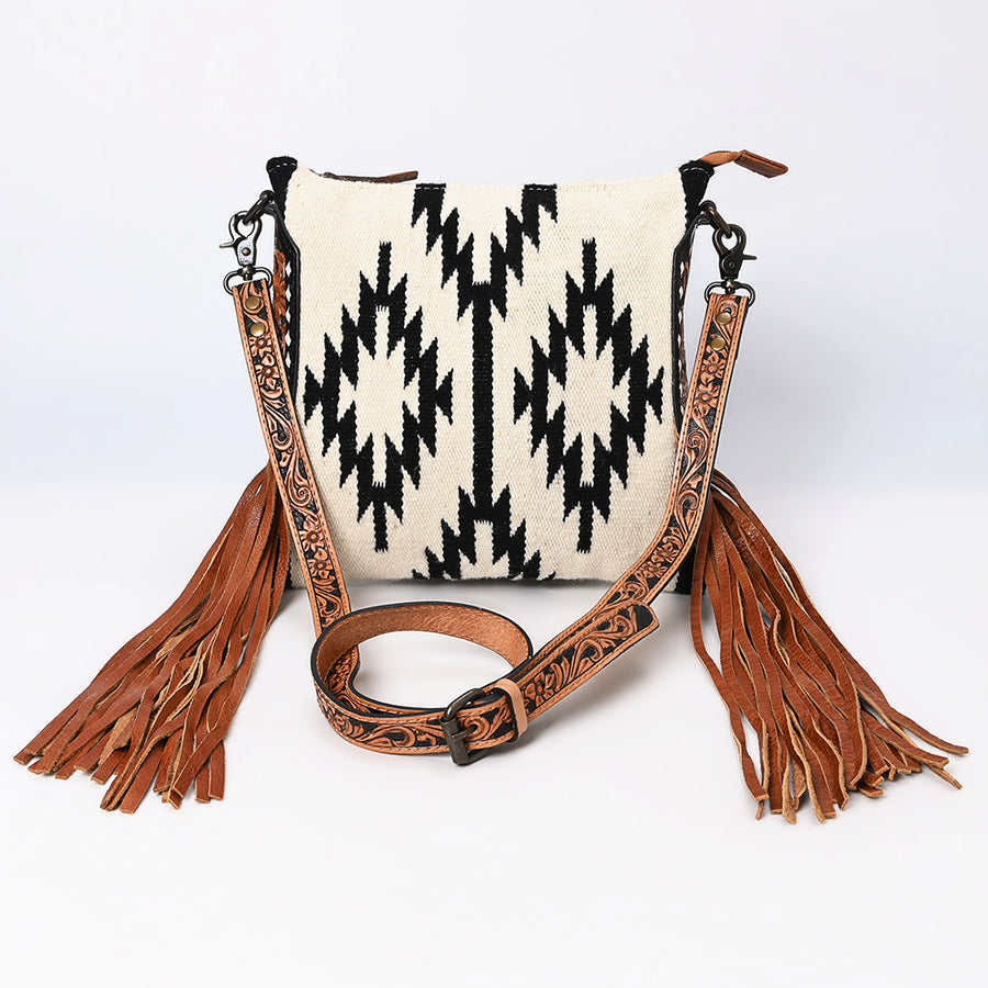 American Darling Large Cross body Bag, Hand-Woven Saddle Blanket & Hand Tooled Leather with Fringes, Western Handcrafted Purse