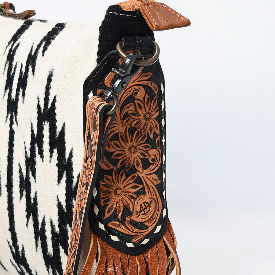 American Darling Large Cross body Bag, Hand-Woven Saddle Blanket & Hand Tooled Leather with Fringes, Western Handcrafted Purse