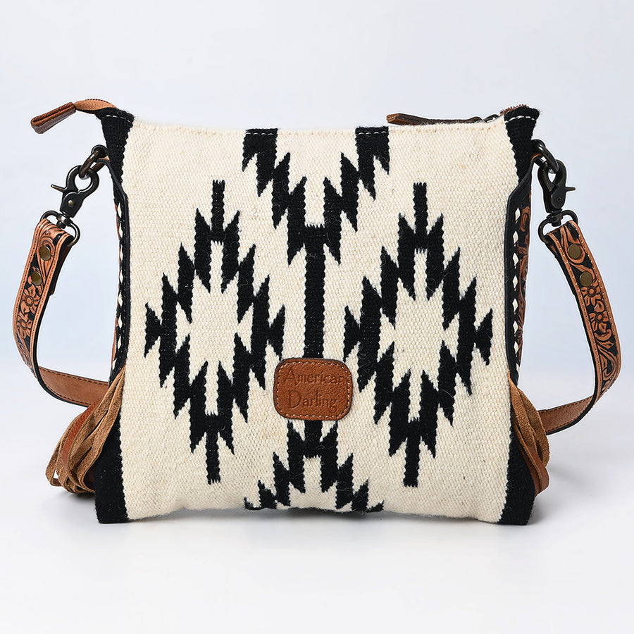 American Darling Large Cross body Bag, Hand-Woven Saddle Blanket & Hand Tooled Leather with Fringes, Western Handcrafted Purse