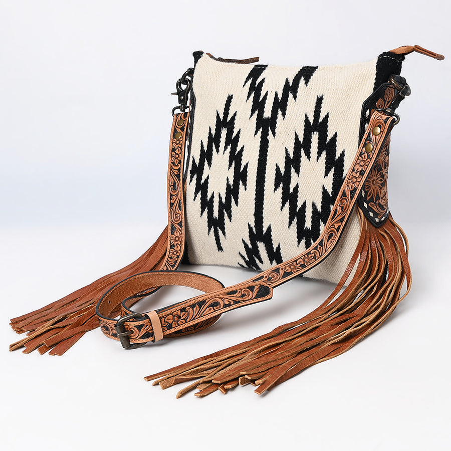 American Darling Hand-Woven Saddle Blanket Large Cross body Bag | Tooled Leather Fringed Purse - Uhorse