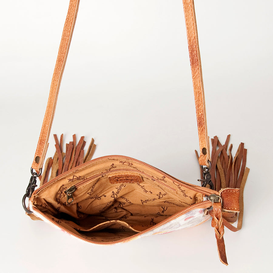 American Darling Western Small Crossbody Bag – Genuine Hair-On Cowhide Leather with Fringes, Adjustable Strap, Handcrafted in Texas