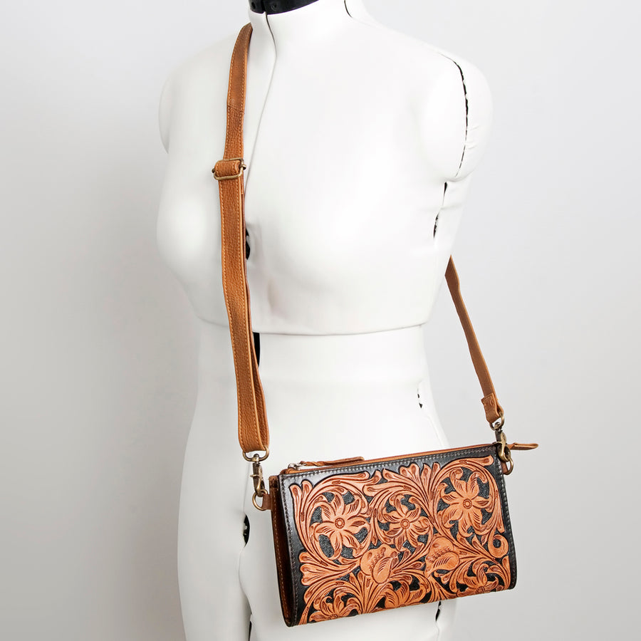 American Darling Small Cross body Bag Hand Tooled Floral Carved Vegetable Tanned Western Leather Purse 6in x 10.1in