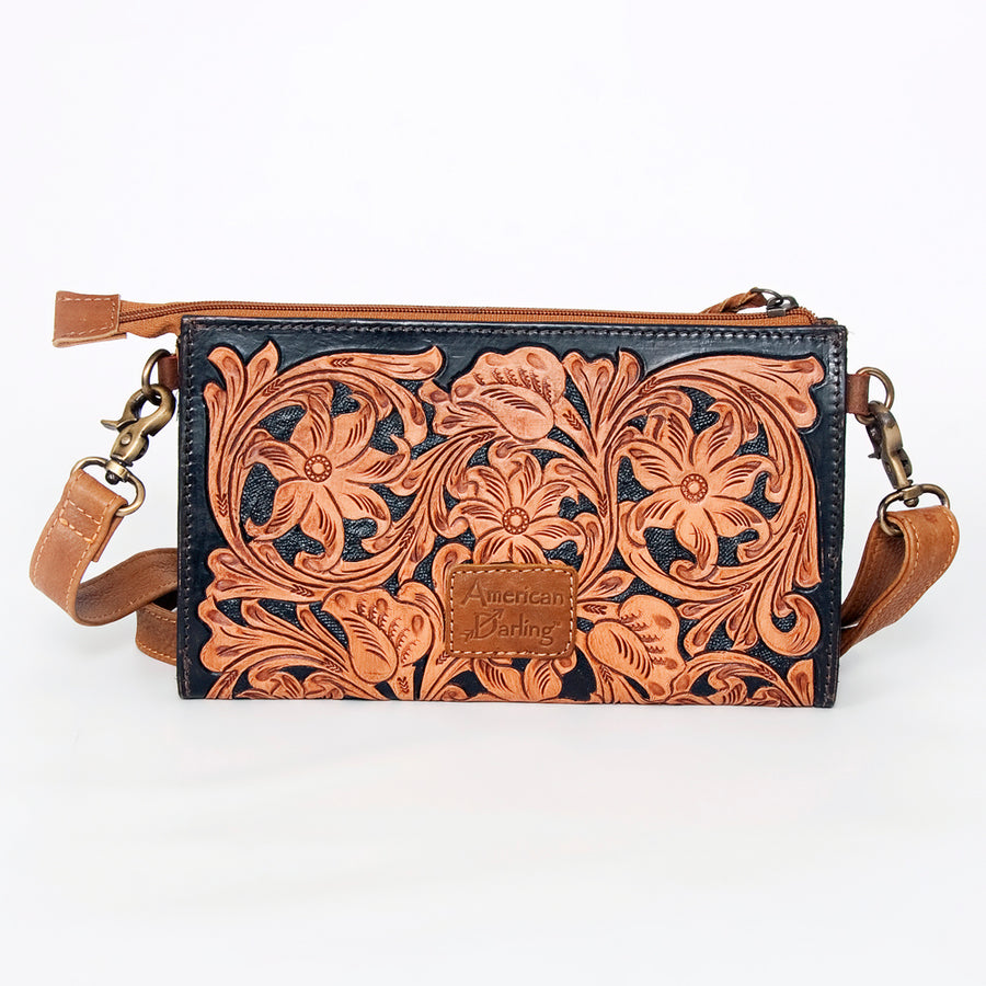 American Darling Small Cross body Bag Hand Tooled Floral Carved Vegetable Tanned Western Leather Purse 6in x 10.1in