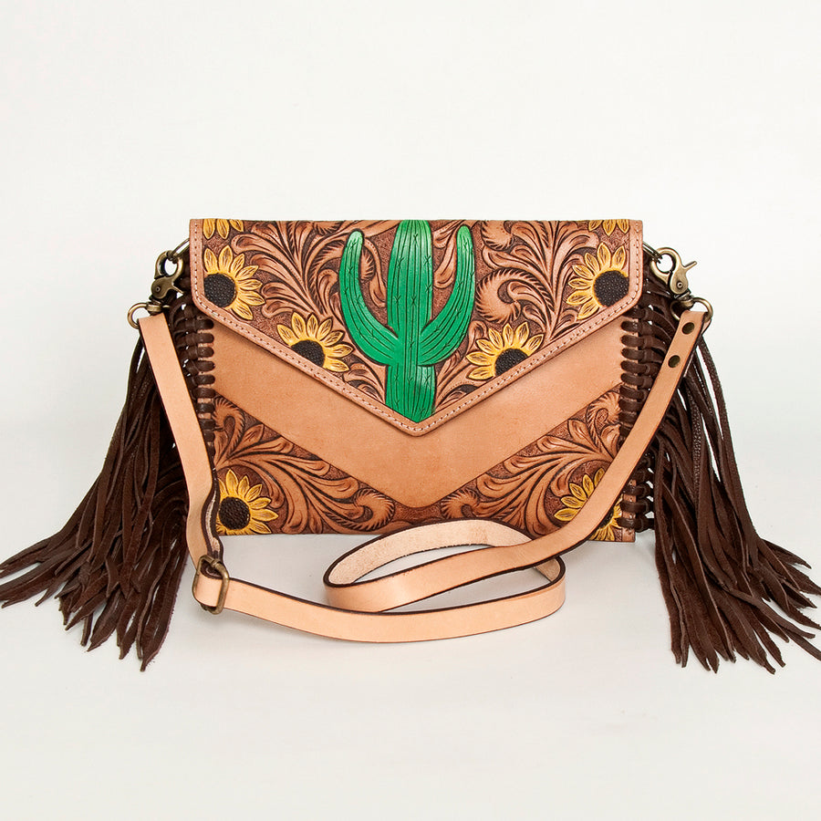 American Darling Leather Envelope for Women - Hand Tooled Floral Carved Genuine Leather Crossbody with Fringes & YKK Zipper