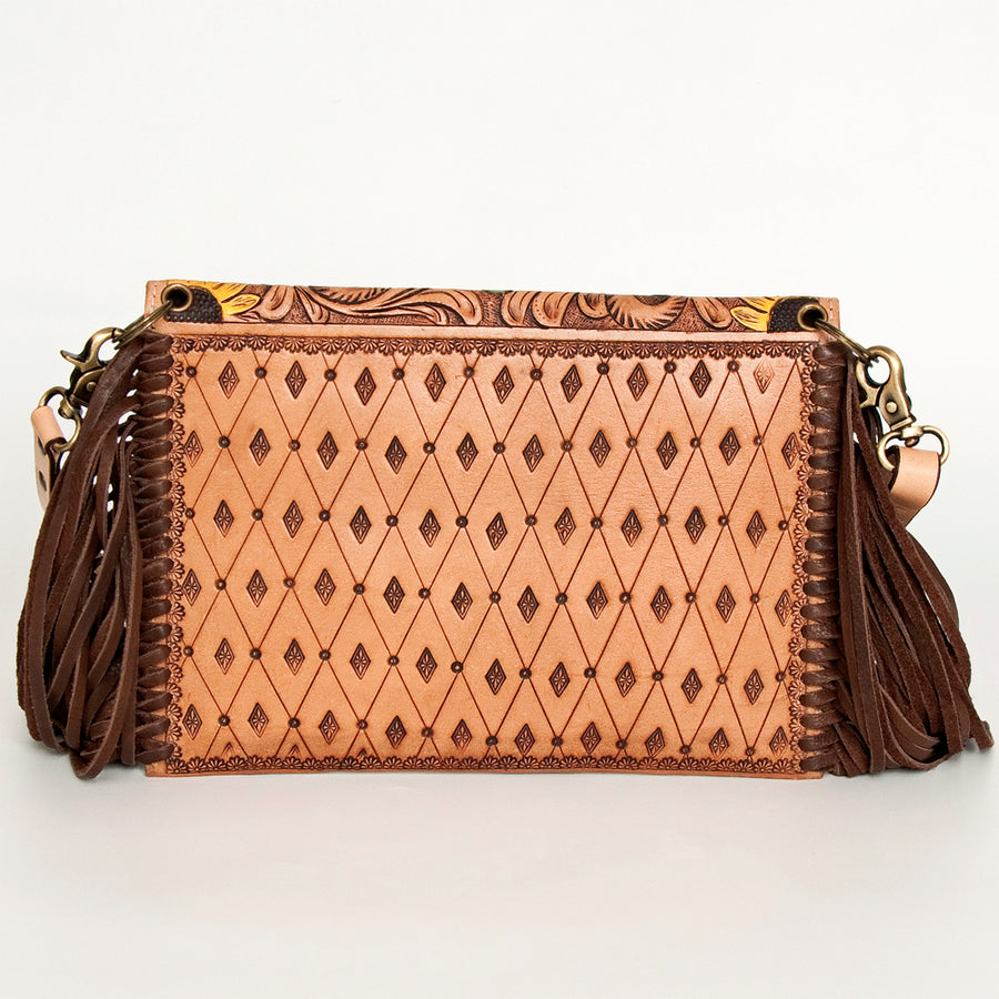 American Darling Leather Envelope for Women - Hand Tooled Floral Carved Genuine Leather Crossbody with Fringes & YKK Zipper