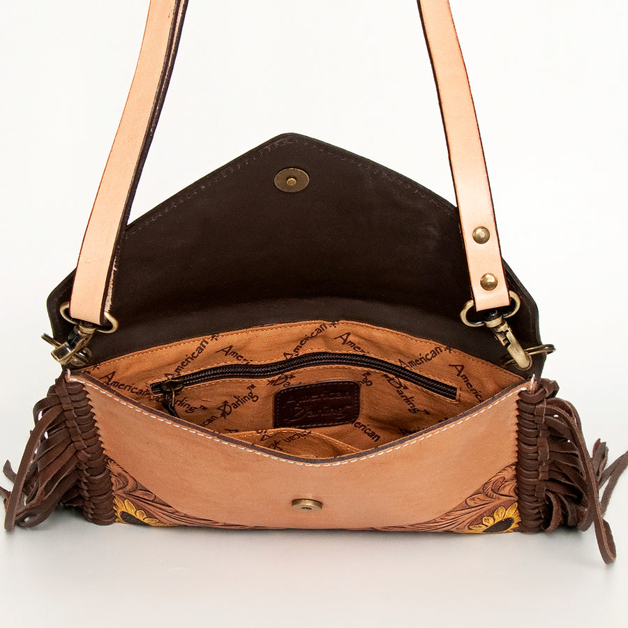 American Darling Leather Envelope for Women - Hand Tooled Floral Carved Genuine Leather Crossbody with Fringes & YKK Zipper