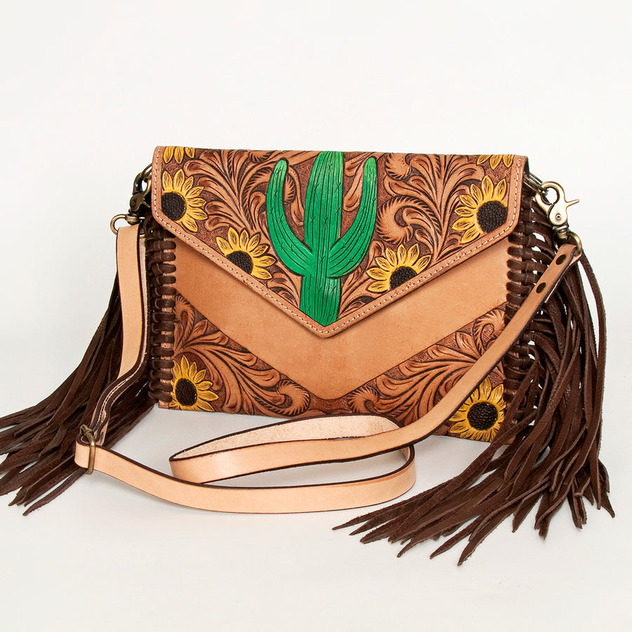 American Darling Hand Tooled Floral Carved Leather Envelope with Fringes - Uhorse