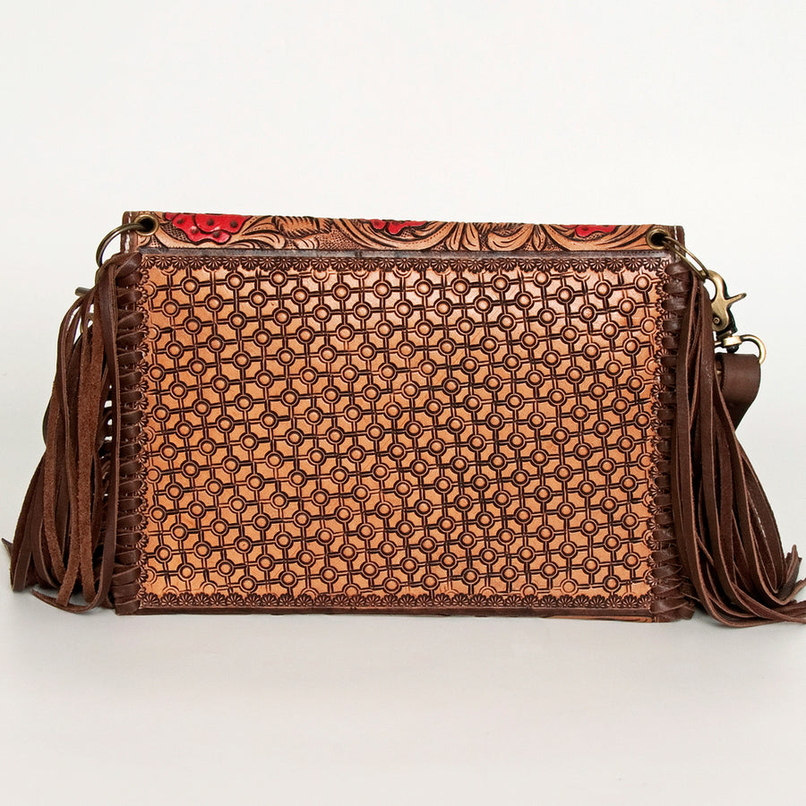 American Darling Leather Envelope for Women - Hand Tooled Floral Carved Genuine Leather Crossbody with Fringes & YKK Zipper