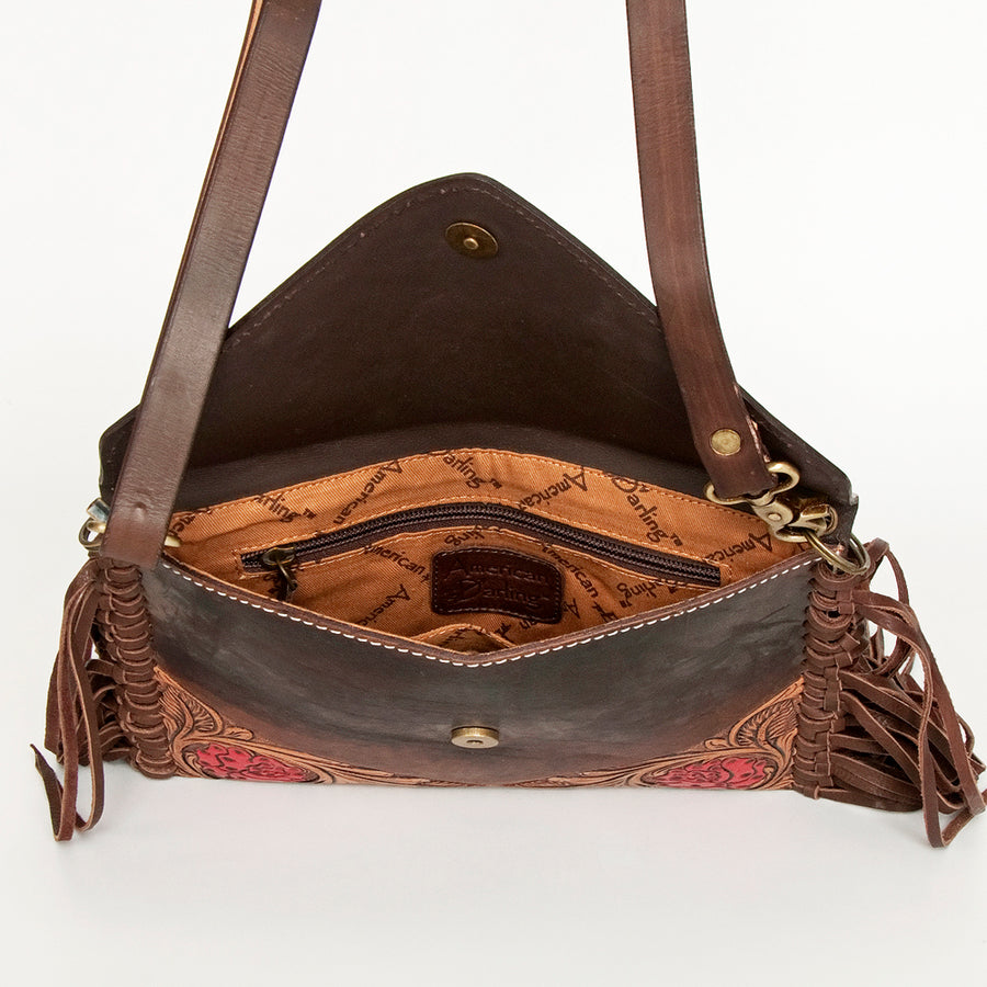 American Darling Leather Envelope for Women - Hand Tooled Floral Carved Genuine Leather Crossbody with Fringes & YKK Zipper