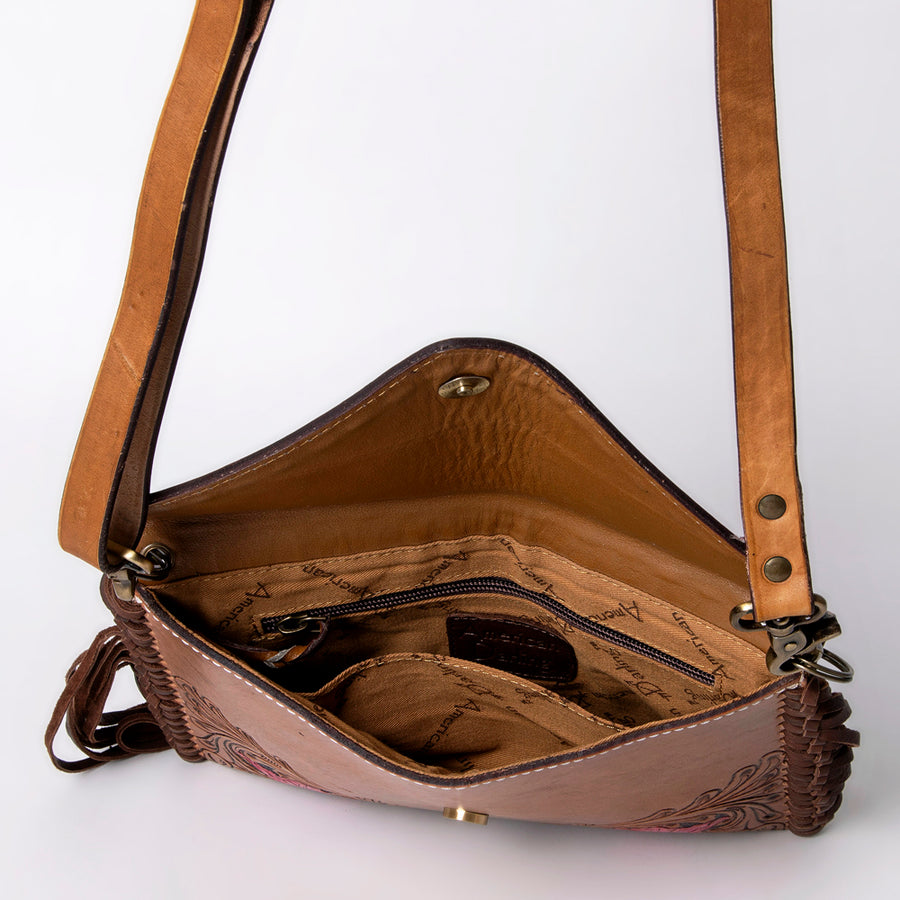 American Darling Leather Envelope for Women - Hand Tooled Floral Carved Genuine Leather Crossbody with Fringes & YKK Zipper