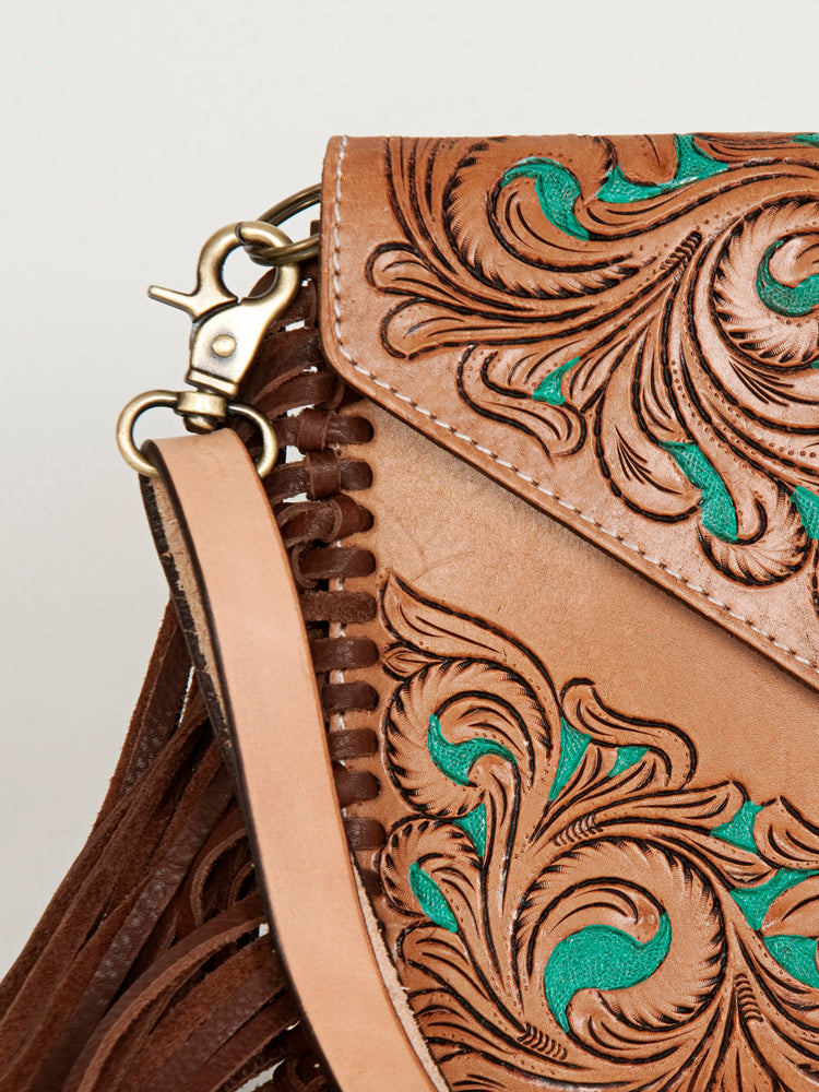 American Darling Leather Envelope for Women - Hand Tooled Floral Carved Genuine Leather Crossbody with Fringes & YKK Zipper