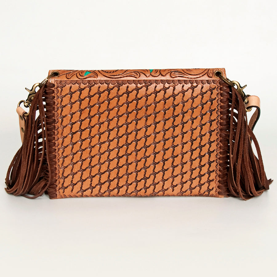 American Darling Leather Envelope for Women - Hand Tooled Floral Carved Genuine Leather Crossbody with Fringes & YKK Zipper