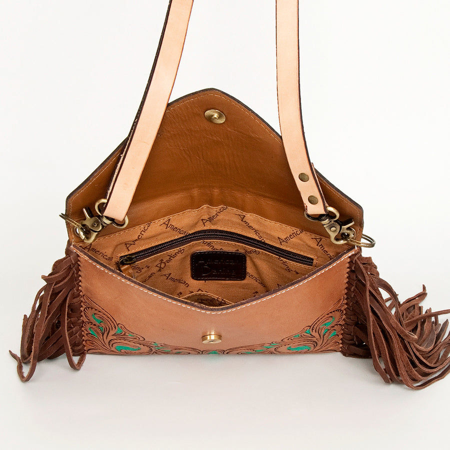 American Darling Leather Envelope for Women - Hand Tooled Floral Carved Genuine Leather Crossbody with Fringes & YKK Zipper