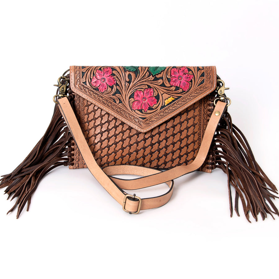 American Darling Leather Envelope for Women - Hand Tooled Floral Carved Genuine Leather Crossbody with Fringes & YKK Zipper