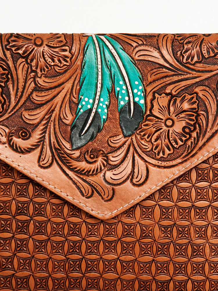 American Darling Leather Envelope for Women - Hand Tooled Floral Carved Genuine Leather Crossbody with Fringes & YKK Zipper